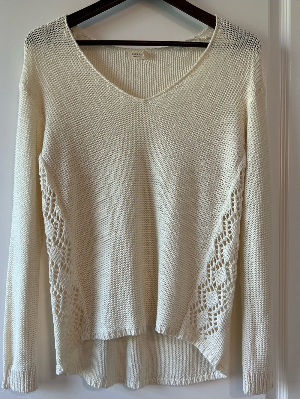 Cream Cottagecore Boho Crochet Open Knit V-Neck Sweater Oversized Womens Medium